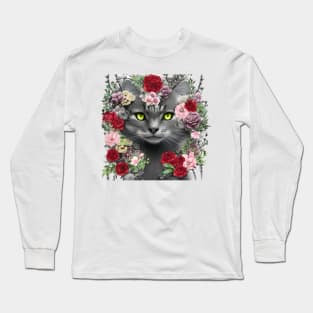 Beautiful Floral Gray Cat Long Sleeve T-Shirt